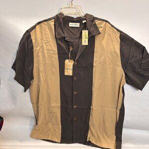 Caribbean Mens XL Two-Tone Brown Beige Button-Up Short-Sleeve Shirt Cotton Blend
